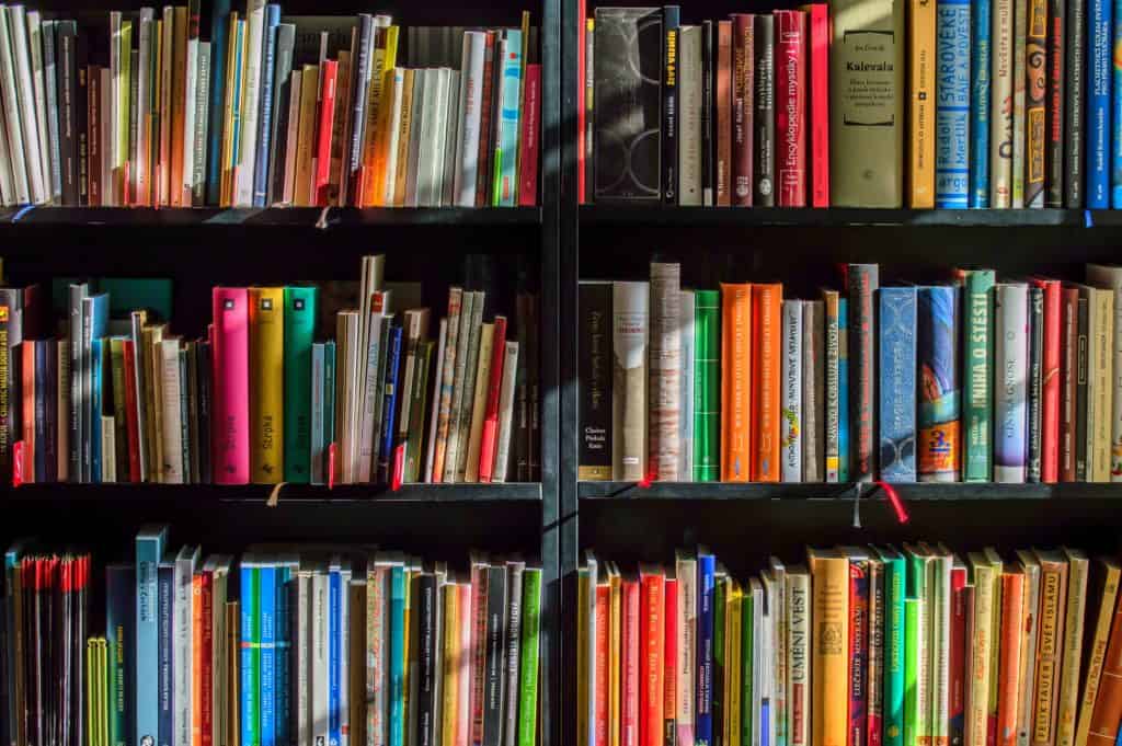 Books on wooden black shelf